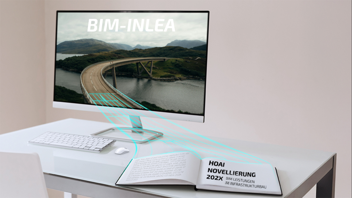 Auf einem Schreibtisch sind ein Computer und ein Buch zu sehen. Die Illustration zeigt Linien, die die Form des Buches aufnehmen und in die Form der Brücke übergehen, welche auf dem Computer-Bildschirm zu sehen ist. Über der Brücke steht BIM-INLEA.