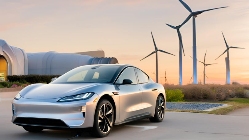 EM4Grid Auto mit Elektrowindmühlen im Hintergrund
