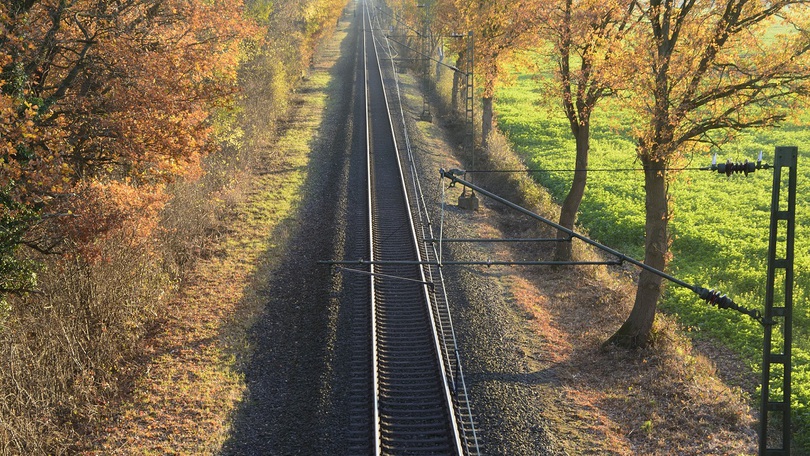 Bahnschiene neben herbstlichen Bäumen und Feld