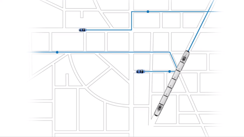 Stilisierte, vereinfachte Karte eines städtischen Straßennetzes mit einer Straßenbahn und Autos, Straßenbahn und Autos sind über blaue Linien miteinander verbunden